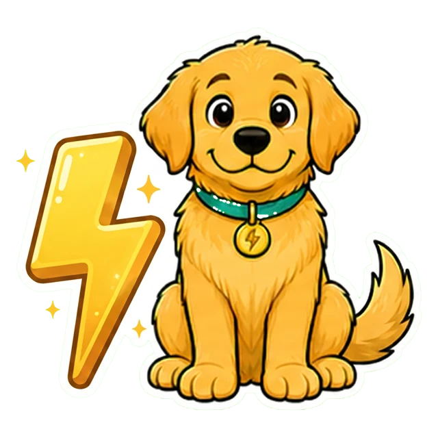 Sparky sitting proudly beside a glowing lightning bolt