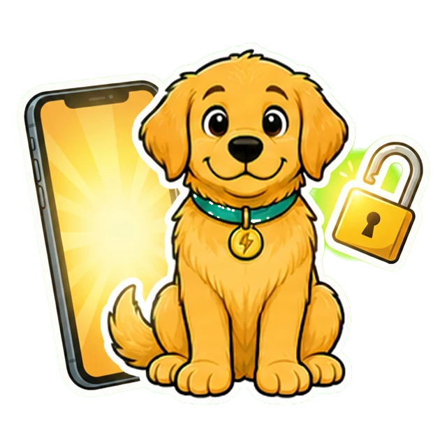 Sparky in front of a phone with an unlocked padlock